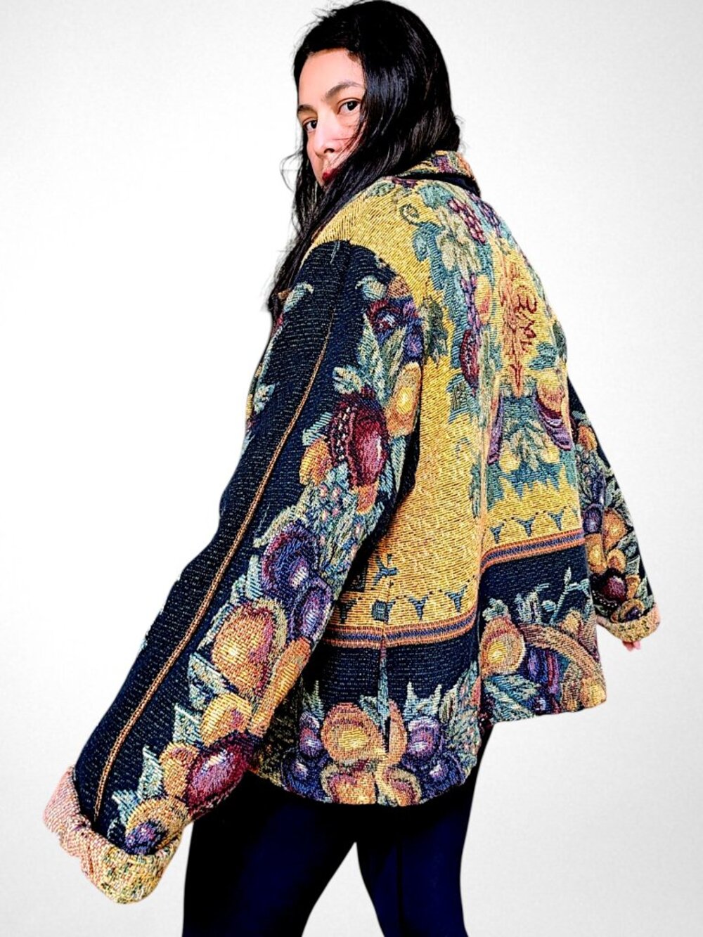 Sugar Street Weavers VTG 90s fairy cottage fruit still life art tapestry coat OS
